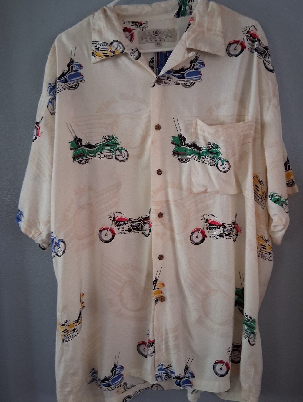 Vintage Aloha Polo Hawaii Motorcycle Print Button-Up Shirt 2XL